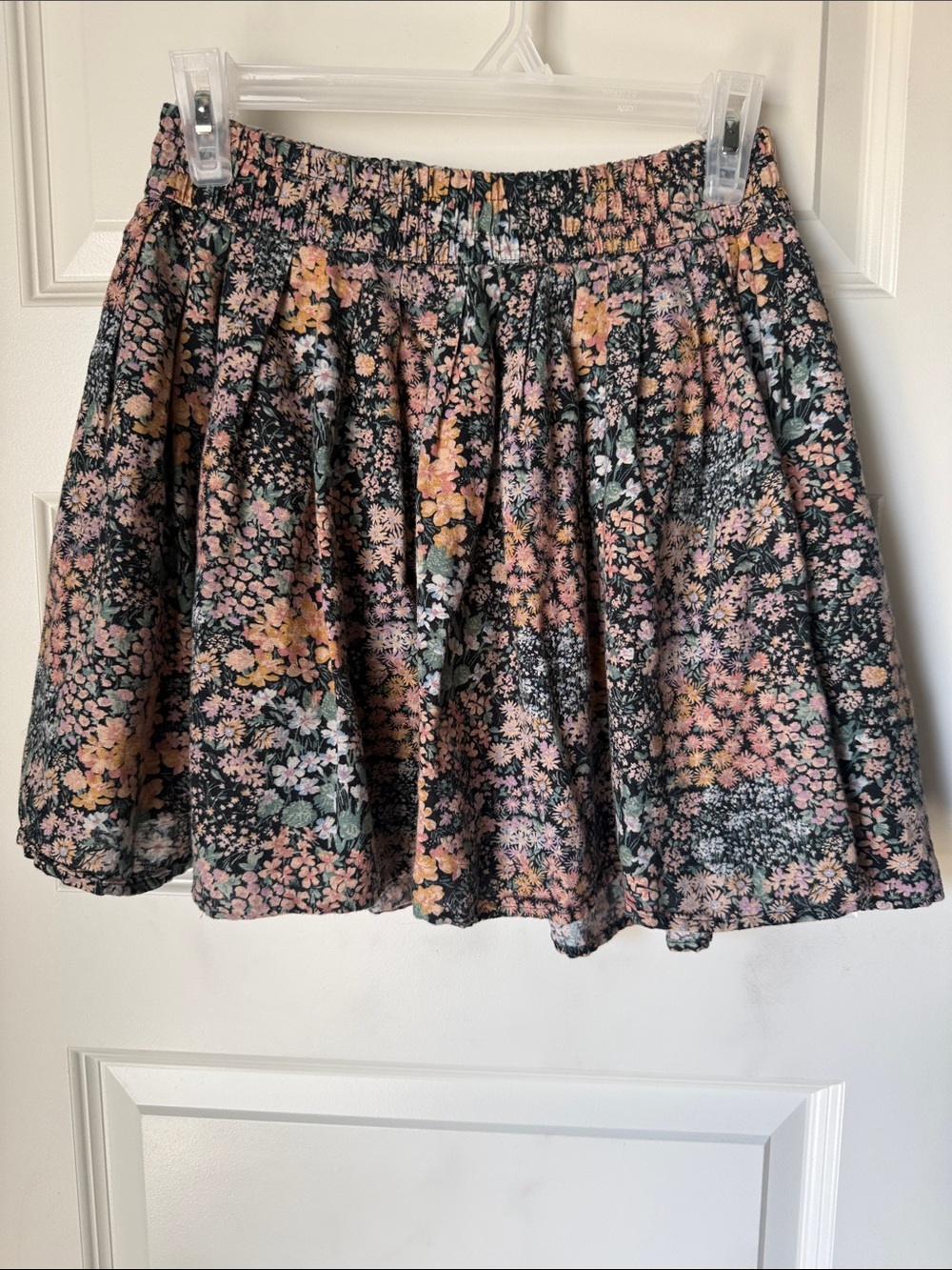 American Eagle Outfitters Black Mini Skirt with Pink and Peach Floral Print